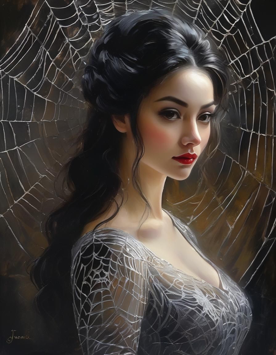 Gothic Woman in Spiderwebs: Hyperdetailed Painterly Masterpi...