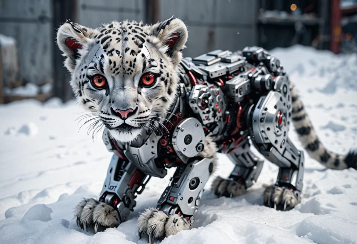 Snow Leopard Cyborg with Intricate Mech Details