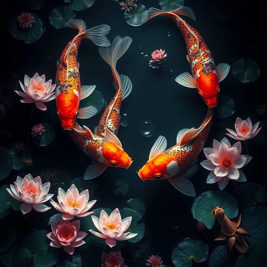 Vintage Koi Scene in Dramatic Black Background