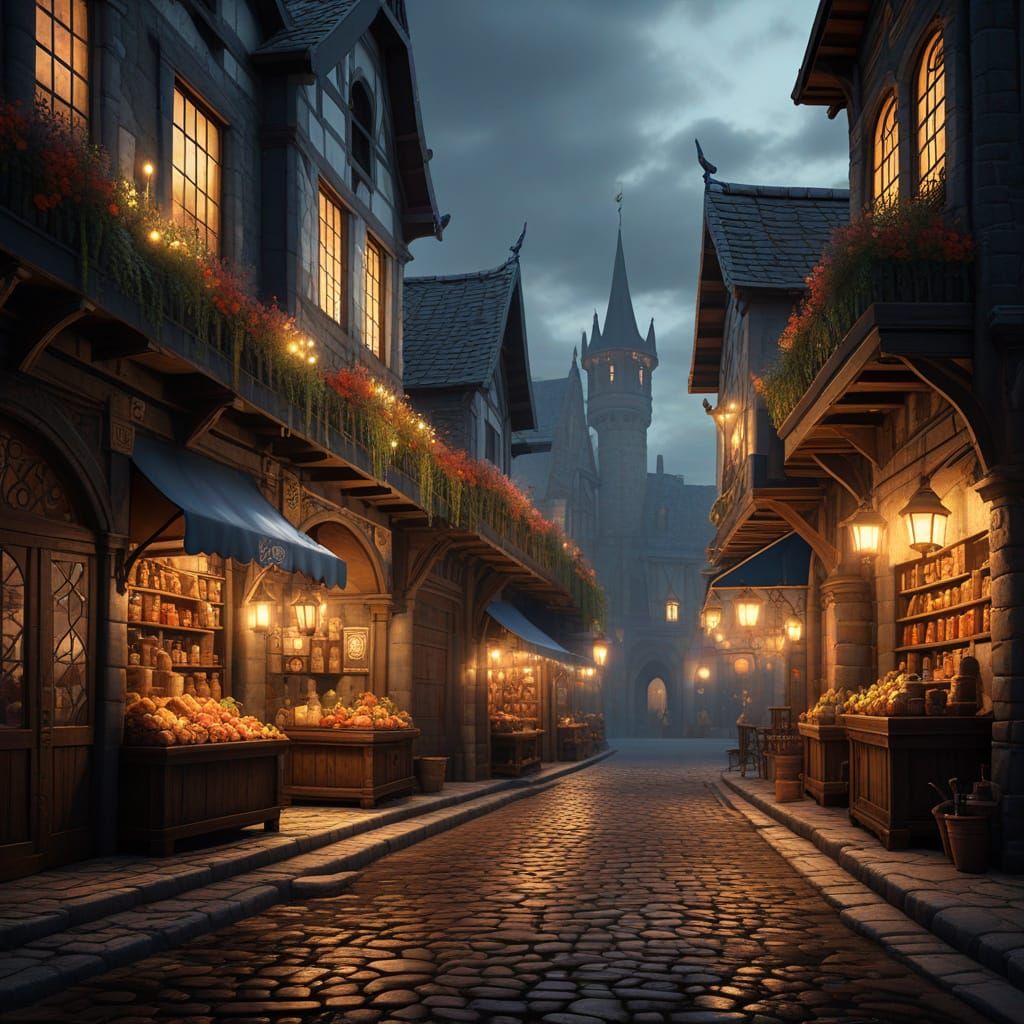 Medieval Marketplace at Dusk Oil Painting