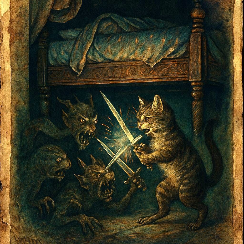 Cat Battles Monsters in Golden Age Illustration
