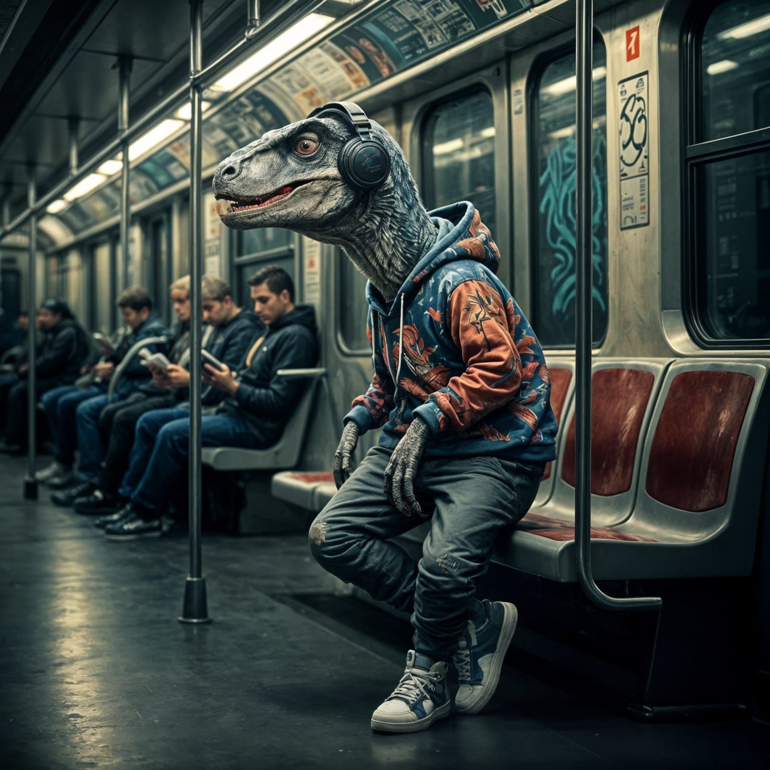 Velociraptor in Urban Attire Commutes on Subway