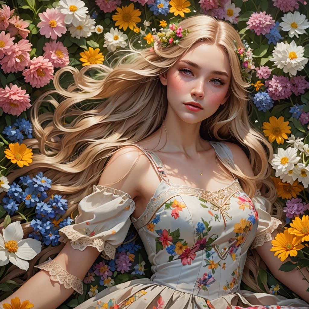 Blonde Teen in Flowers: Hyperdetailed Portrait