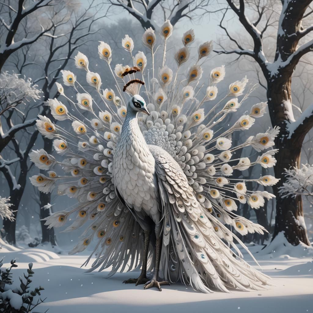 Majestic White Peacock in Snowy Landscape