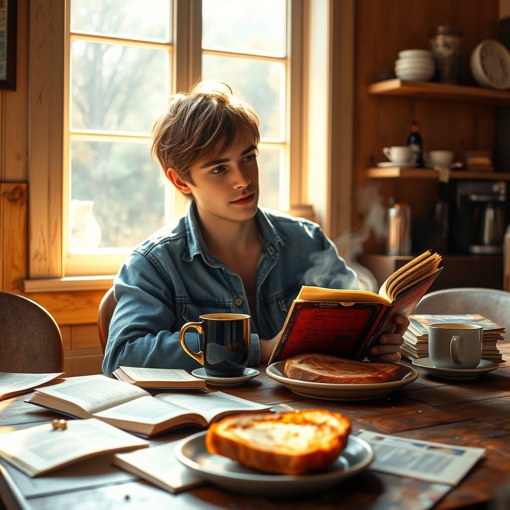 Warm Morning in a Cozy Kitchen with Coffee and Book