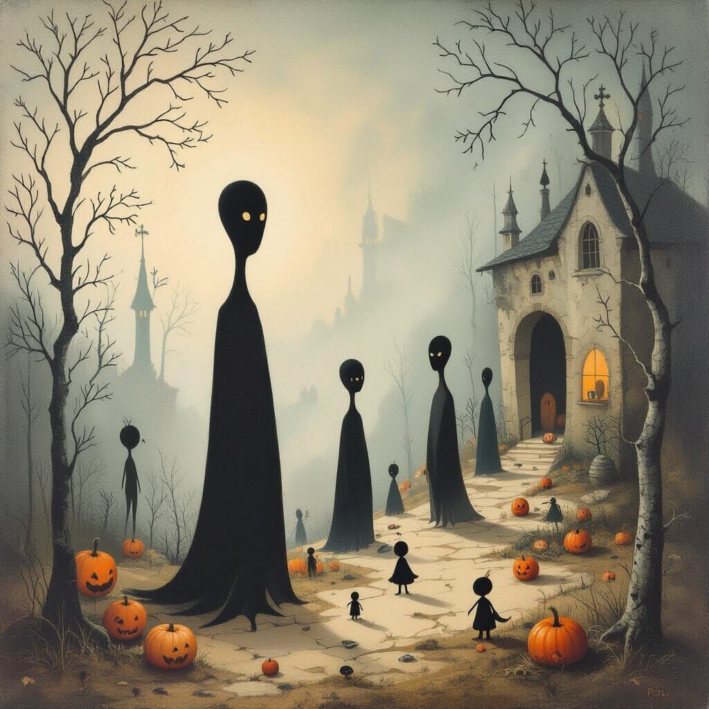 Surreal Halloween Characters in a Dreamlike Landscape