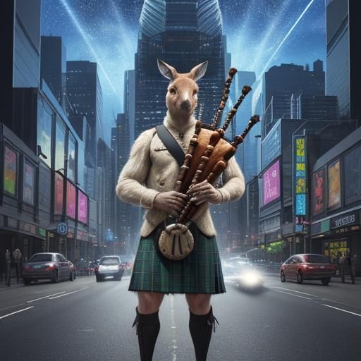 Kangaroo Plays Bagpipes as UFOs Attack City