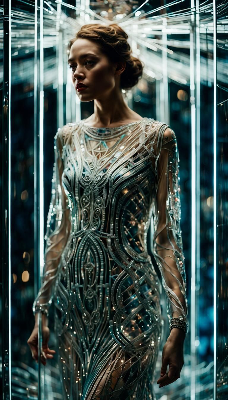 Ethereal Woman in Glass Dress: Hyperrealistic Portrait