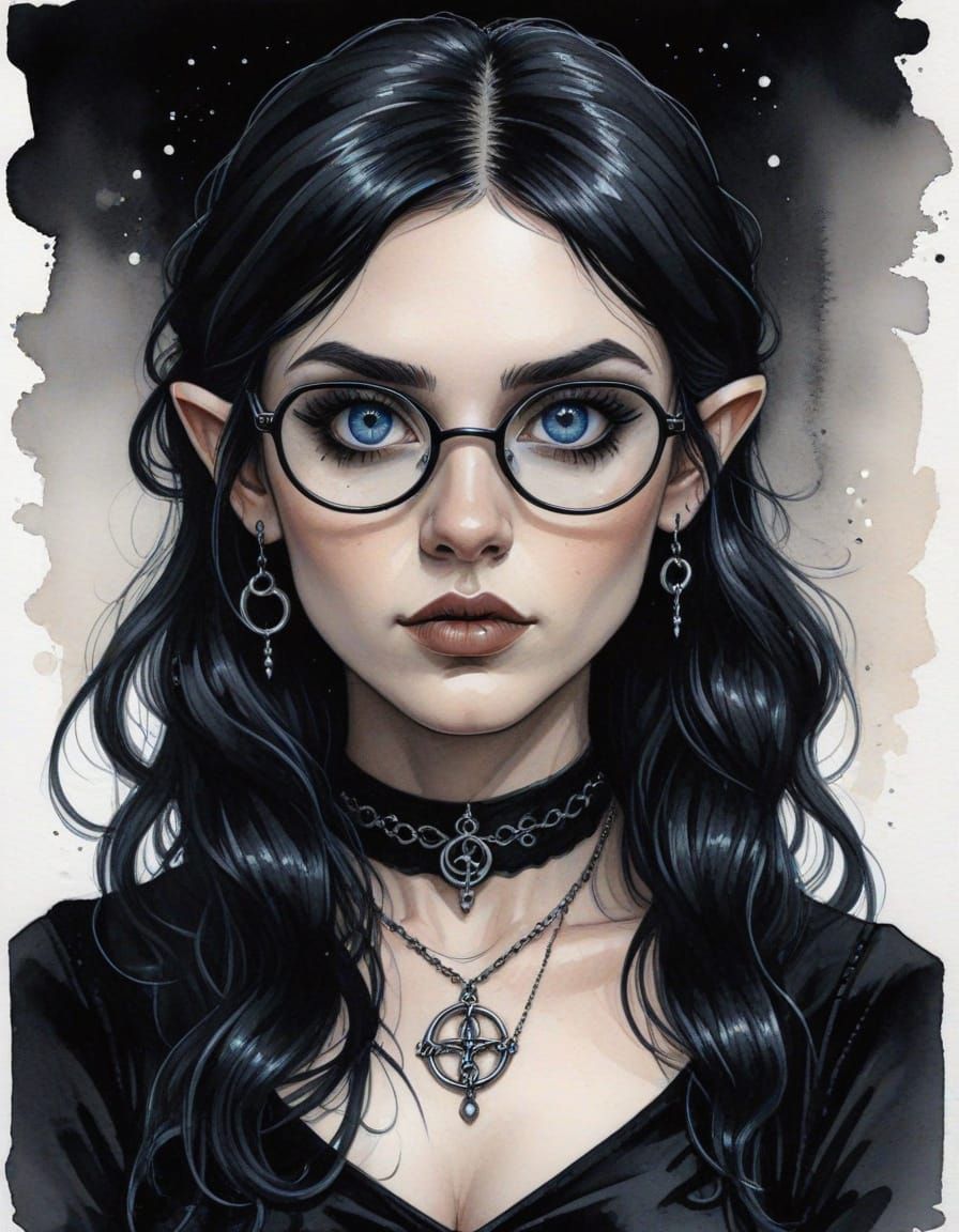 Goth Elf in Comic Book Style with Pagan Jewelry
