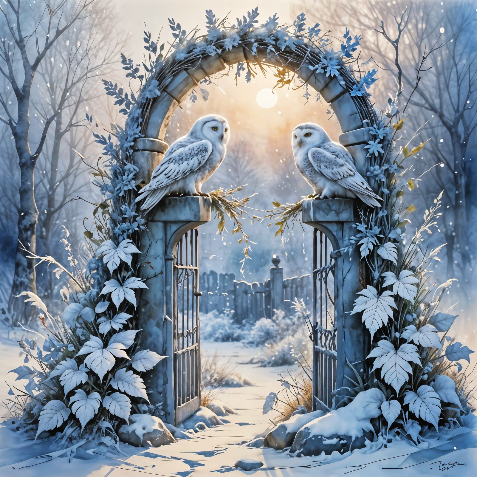 Snowy Owls Embrace on Winter Solstice: Watercolour