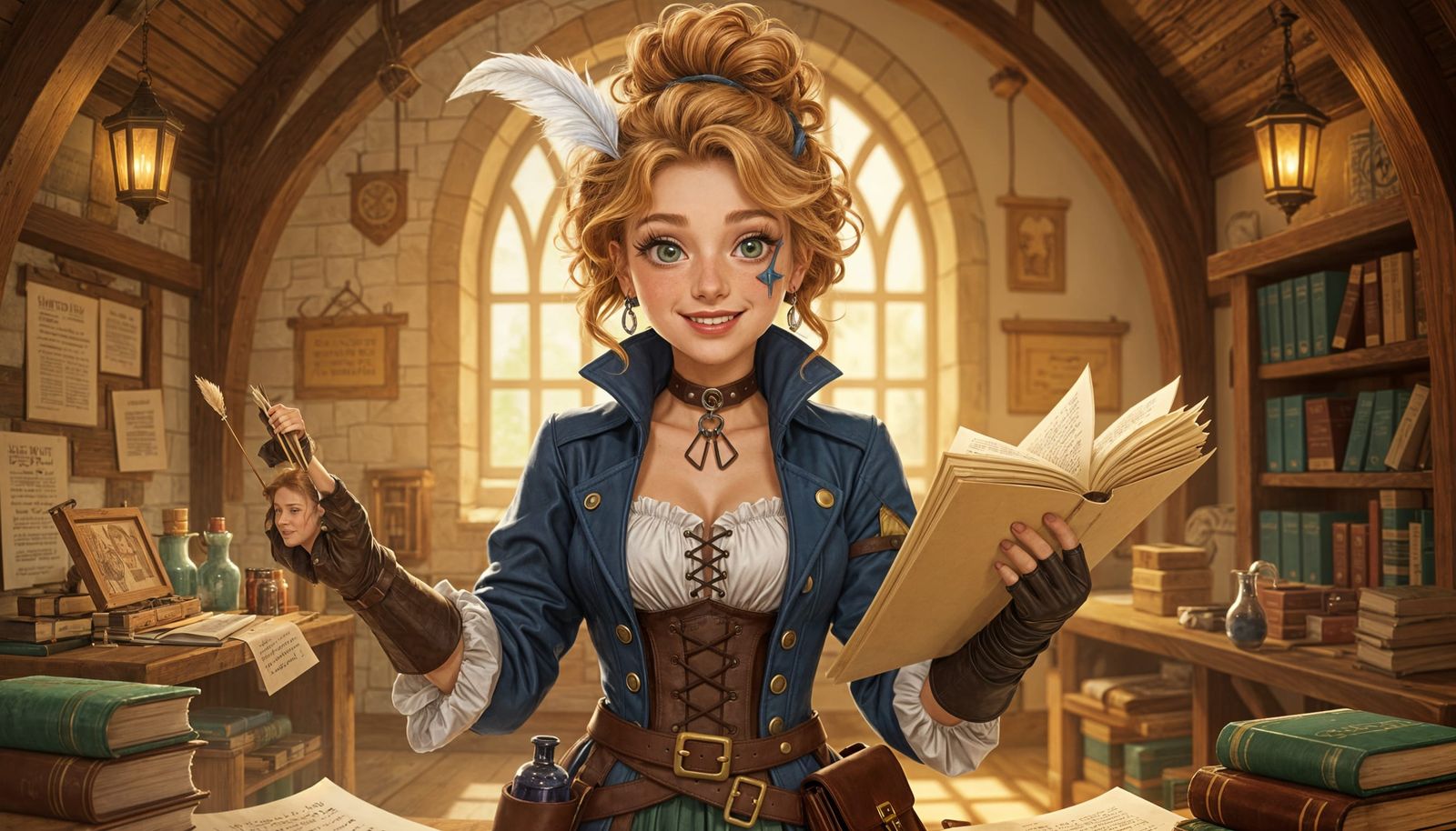 Cheerful Scribe in Fantasy Guild Hall, Anime Style