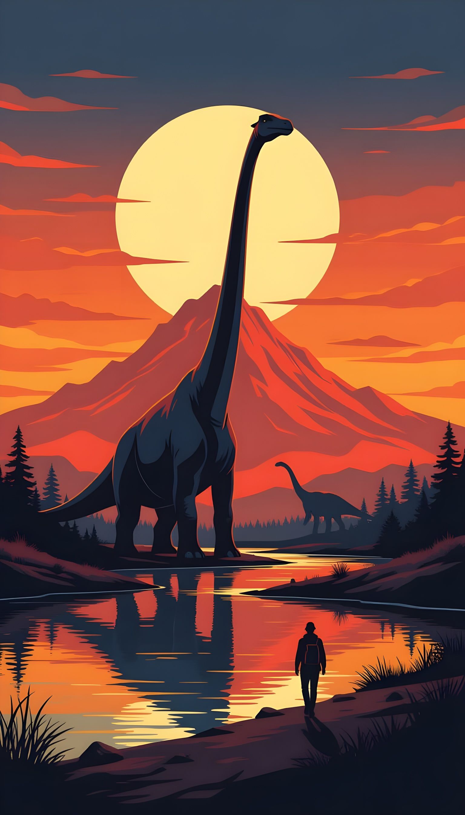 Brachiosaurus in Moonlight: Flat Vector Art Illustration