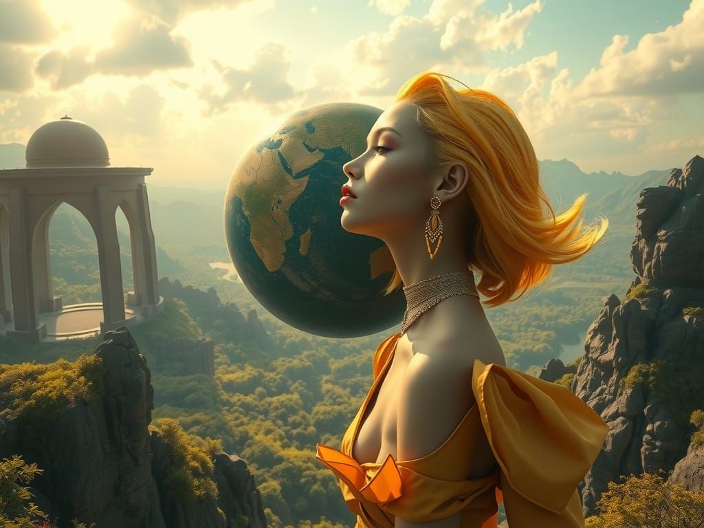 Woman Kissing Planet in Futuristic 3D Render