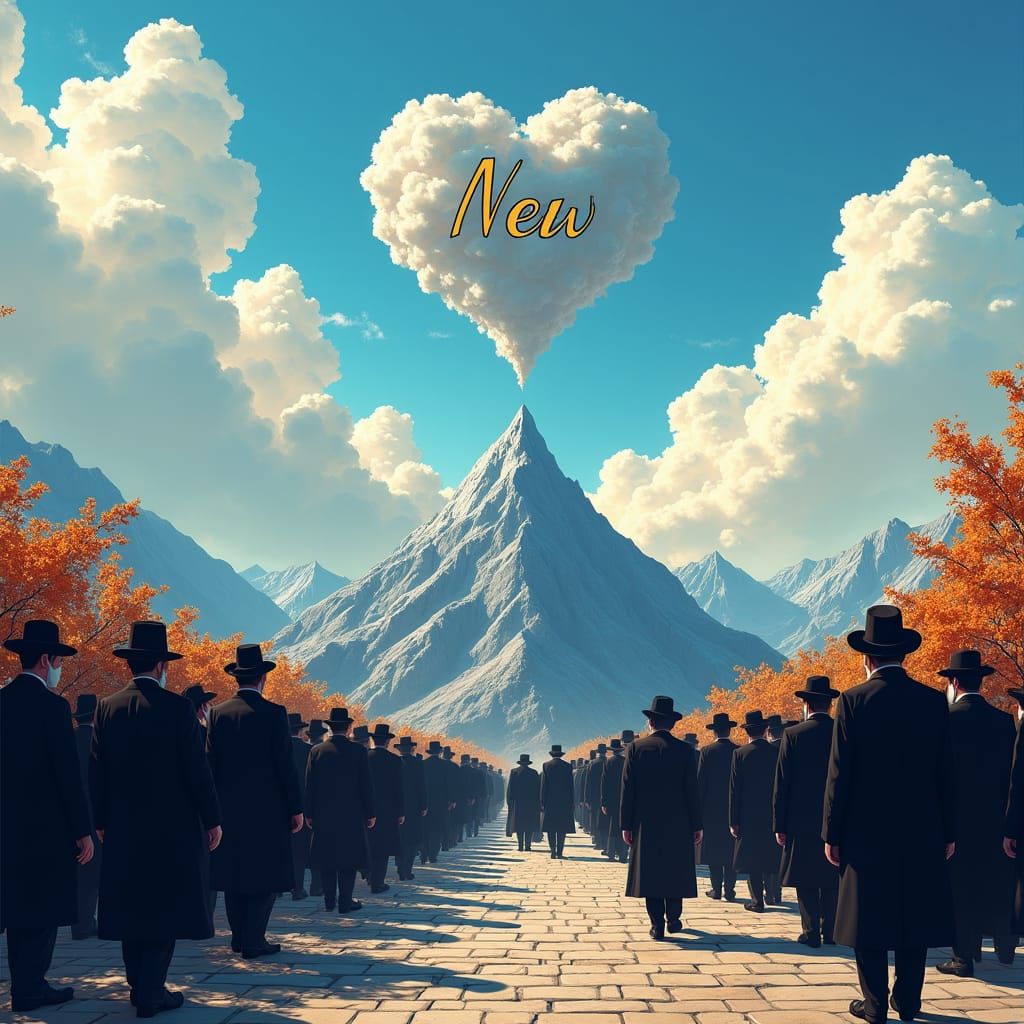 Hasidic Gathering in Mountain Plaza: Hyperrealistic Illustra...