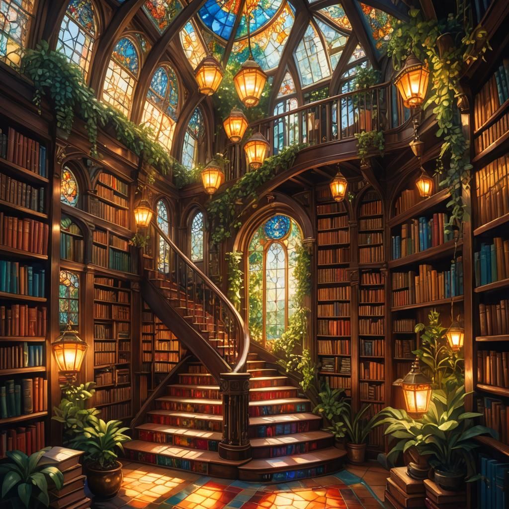 Cozy Fantasy Library with Stained Glass