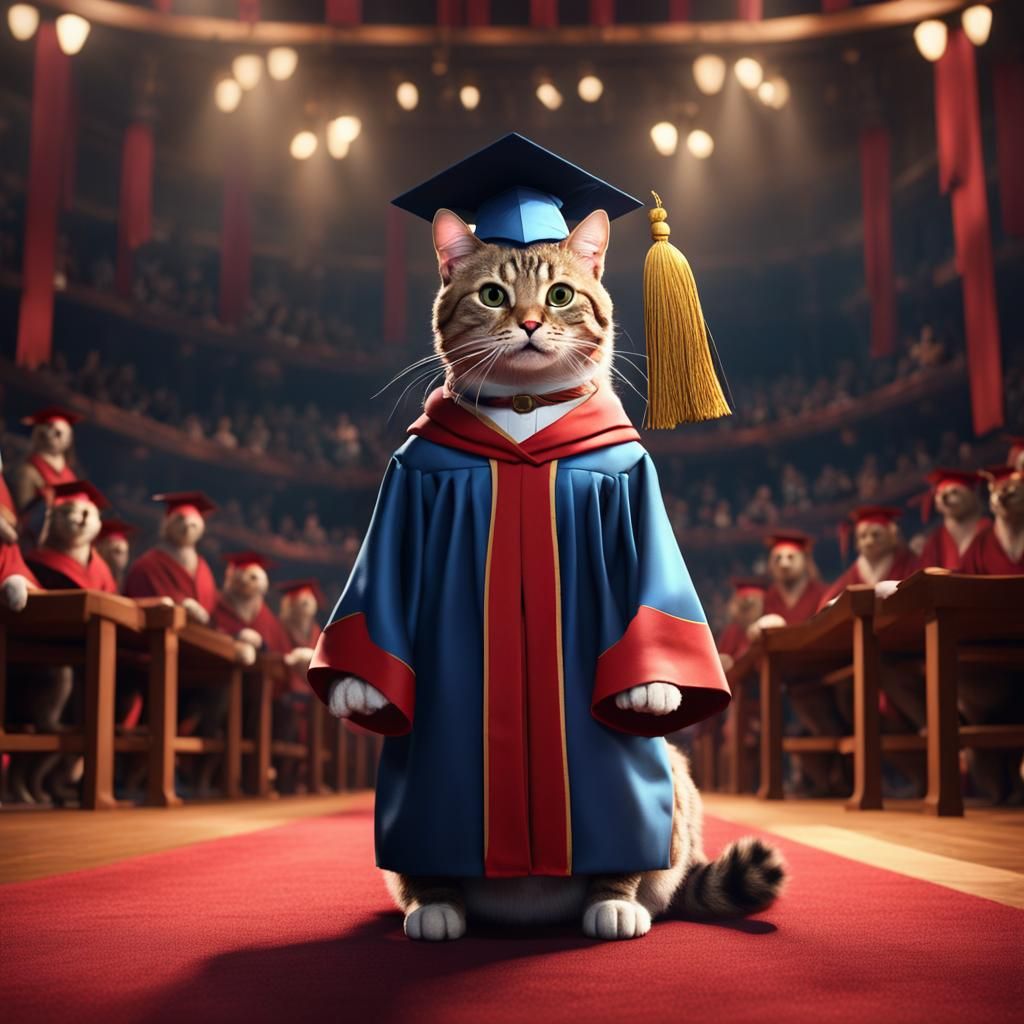 Tabby cat in graduation robes with a diploma on a stage with...
