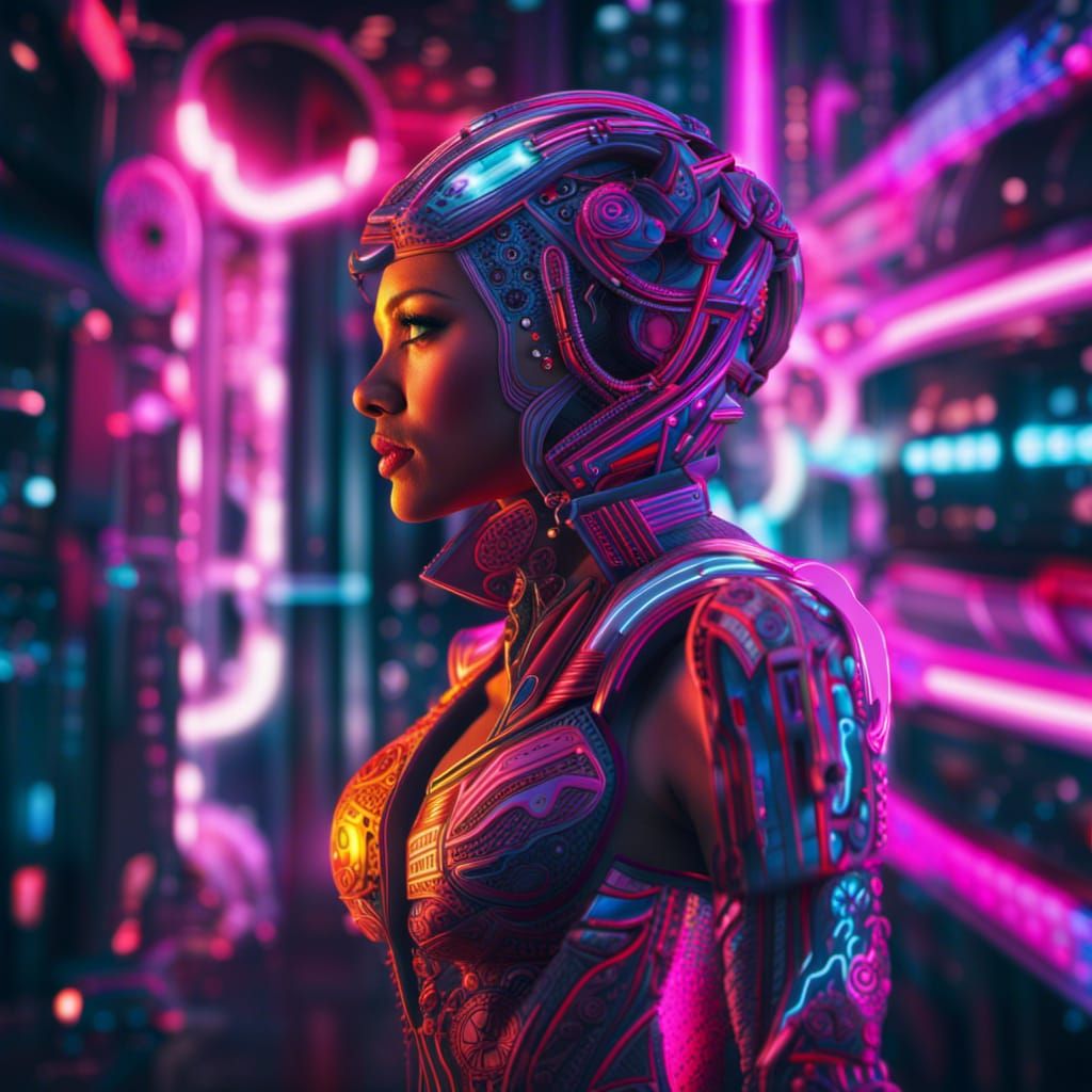 Futuristic Woman in Neon Magic Light