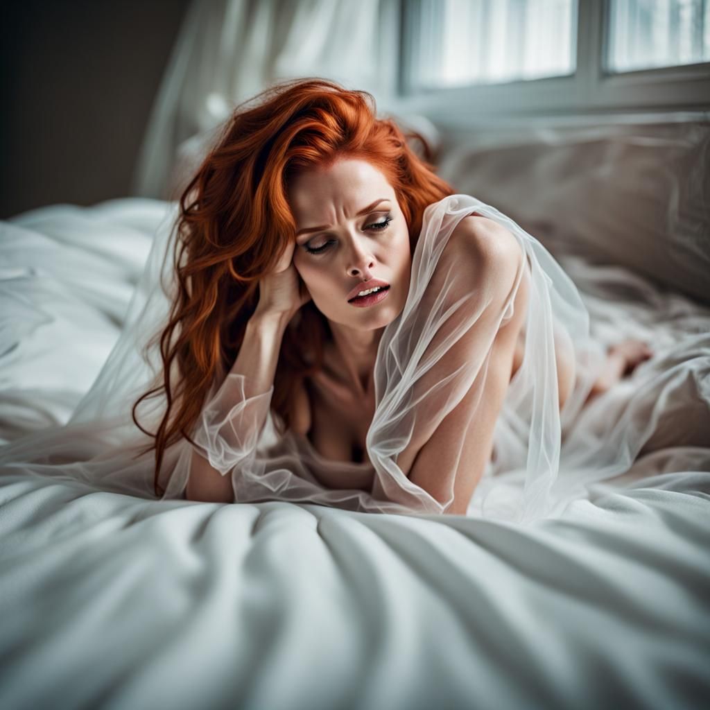 Redhead Woman in Transparent Cloths on Bed