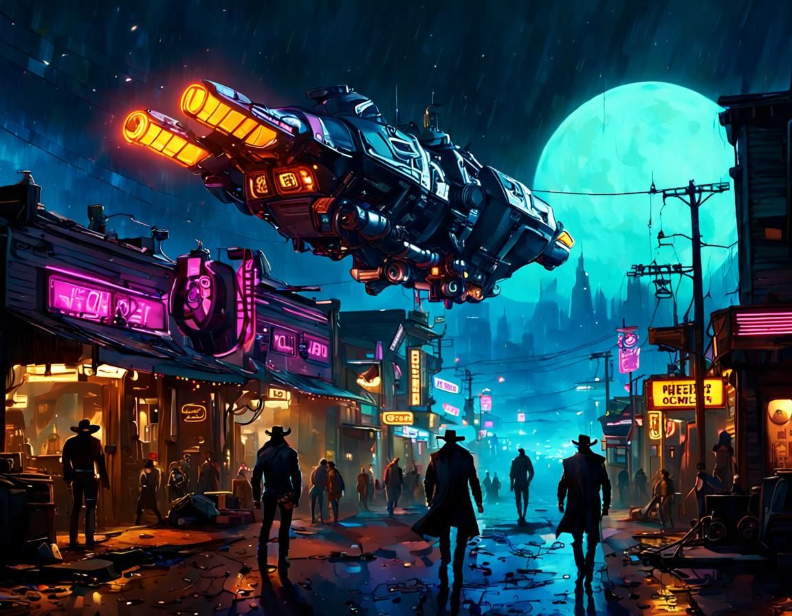 Western Town Encounter with a Spaceship in Cyberpunk Style