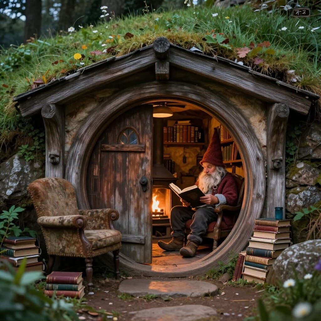 Cozy Hobbit Dwelling: Gnome Reading by Firelight