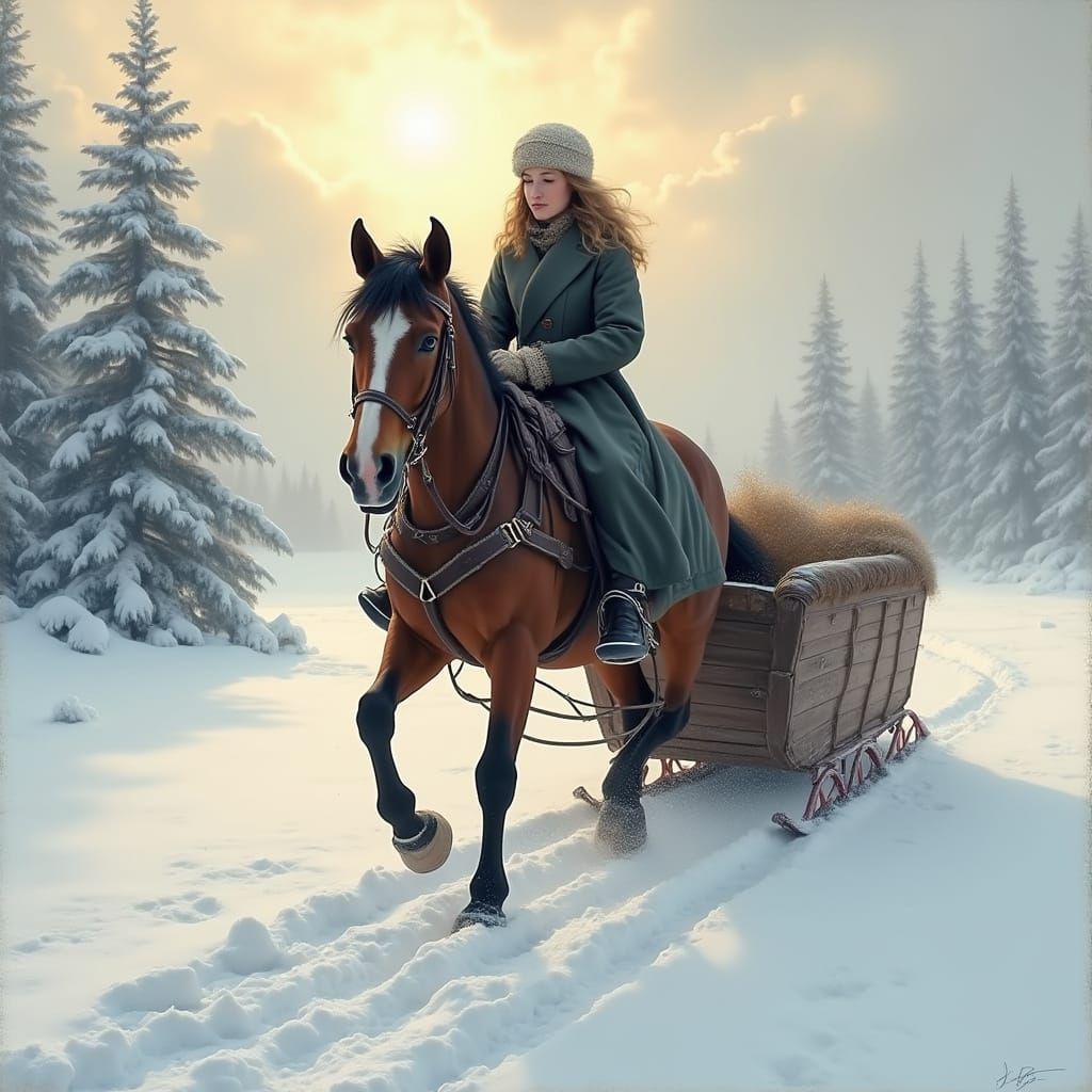 Serene Winter Scene with Lone Woman and Majestic Horse