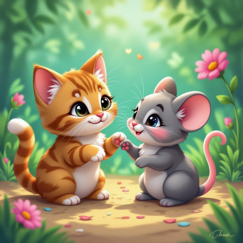 Adorable Cat and Mouse Friends in Comic Style