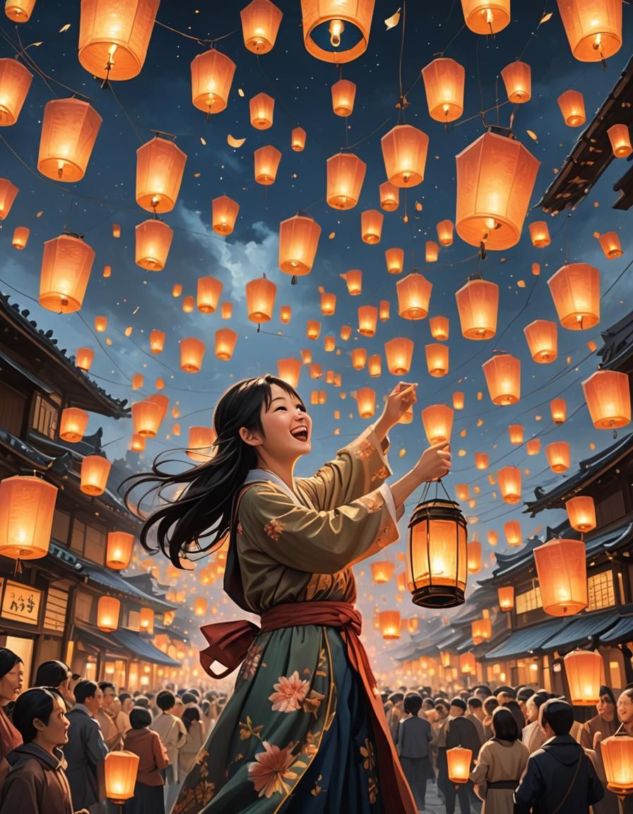 Edo Girl Releases Lantern: Photorealistic Oil Painting