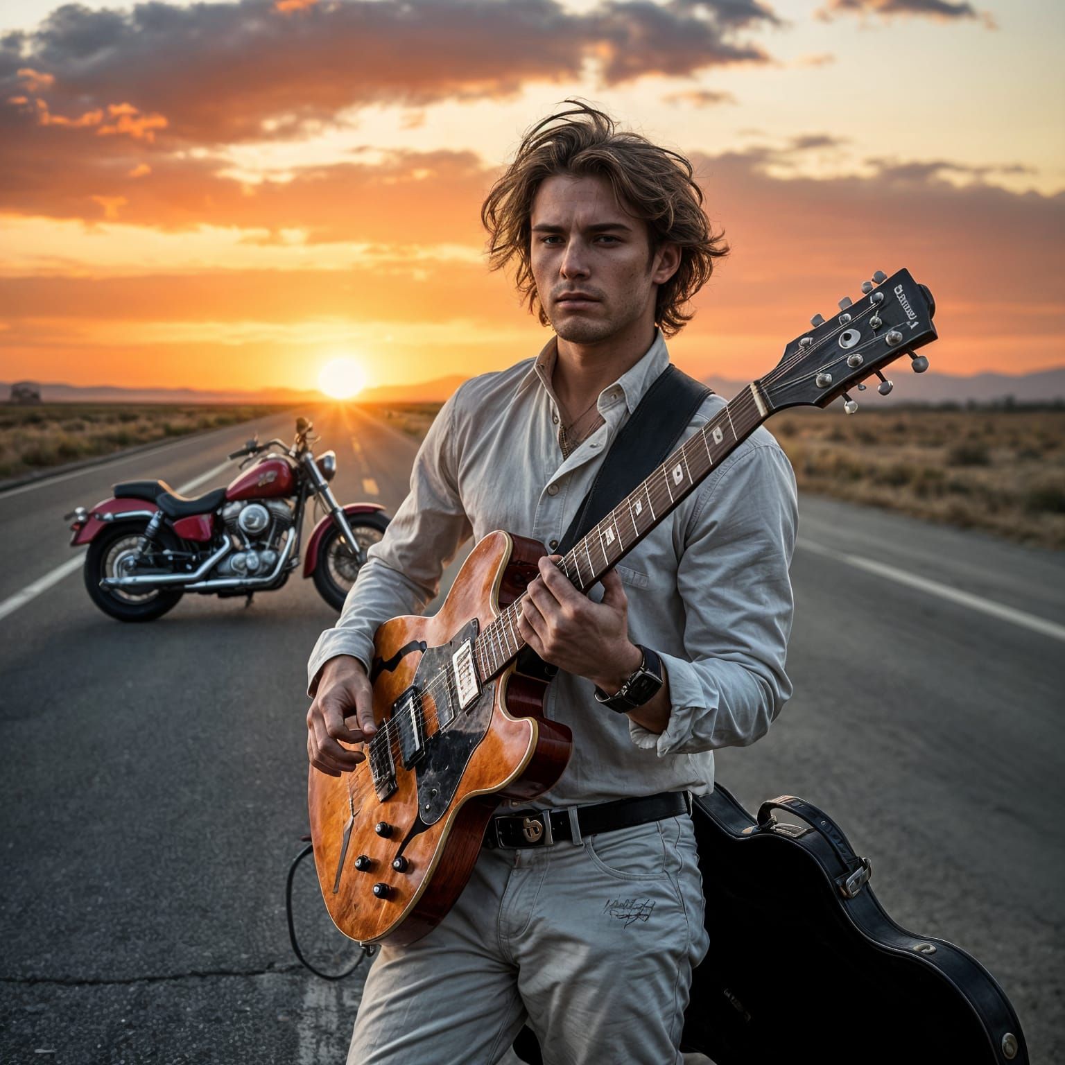 Ethereal Gritty Portrait of a Lone Guitarist on a Highway