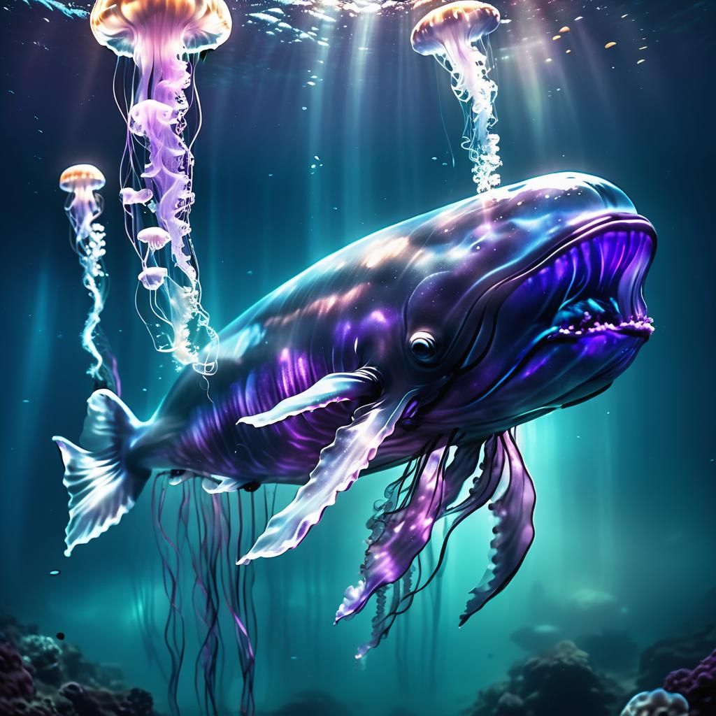 Glowing Glass Whale in Bioluminescent Ocean: Cinematic Scene