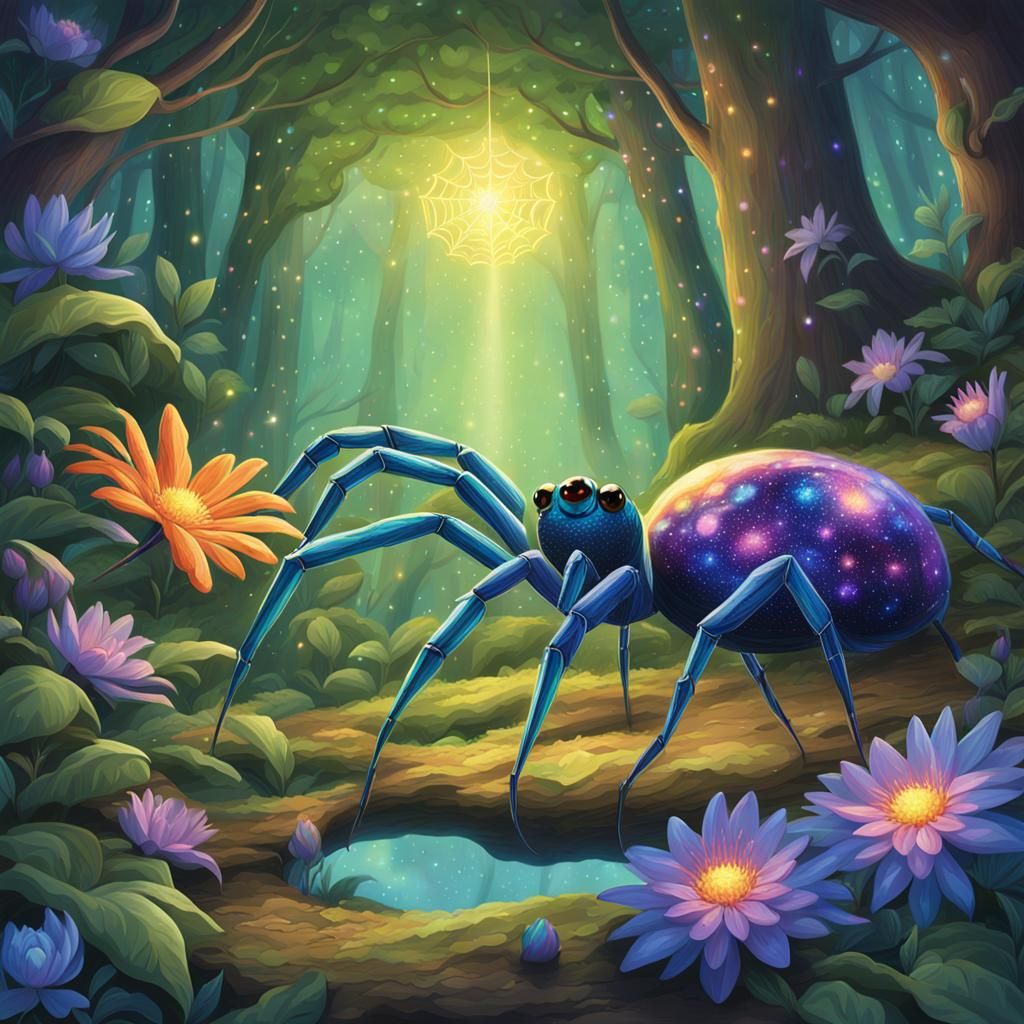 Iridescent Spider of Kaleidoscope Dreams in Enchanted Forest