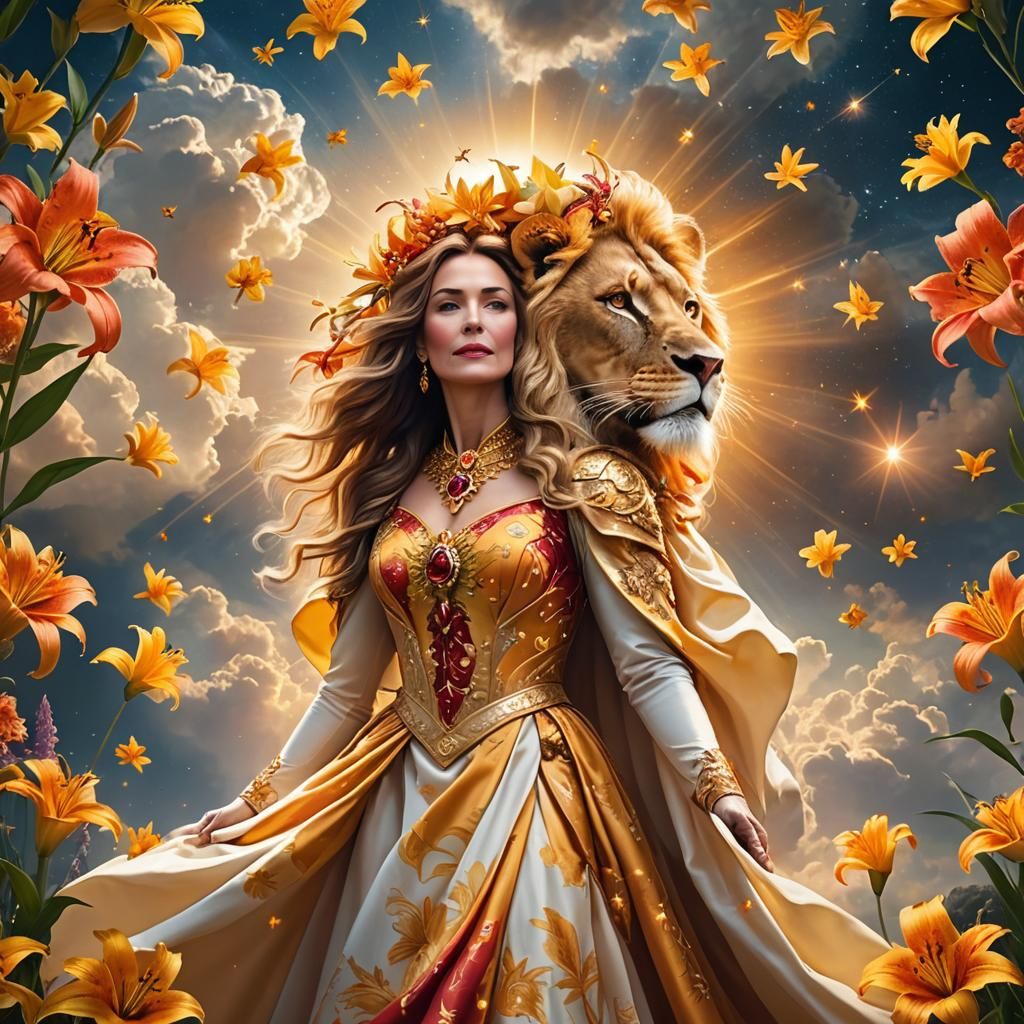 Woman in Lily Gown Guided by Lion Constellation