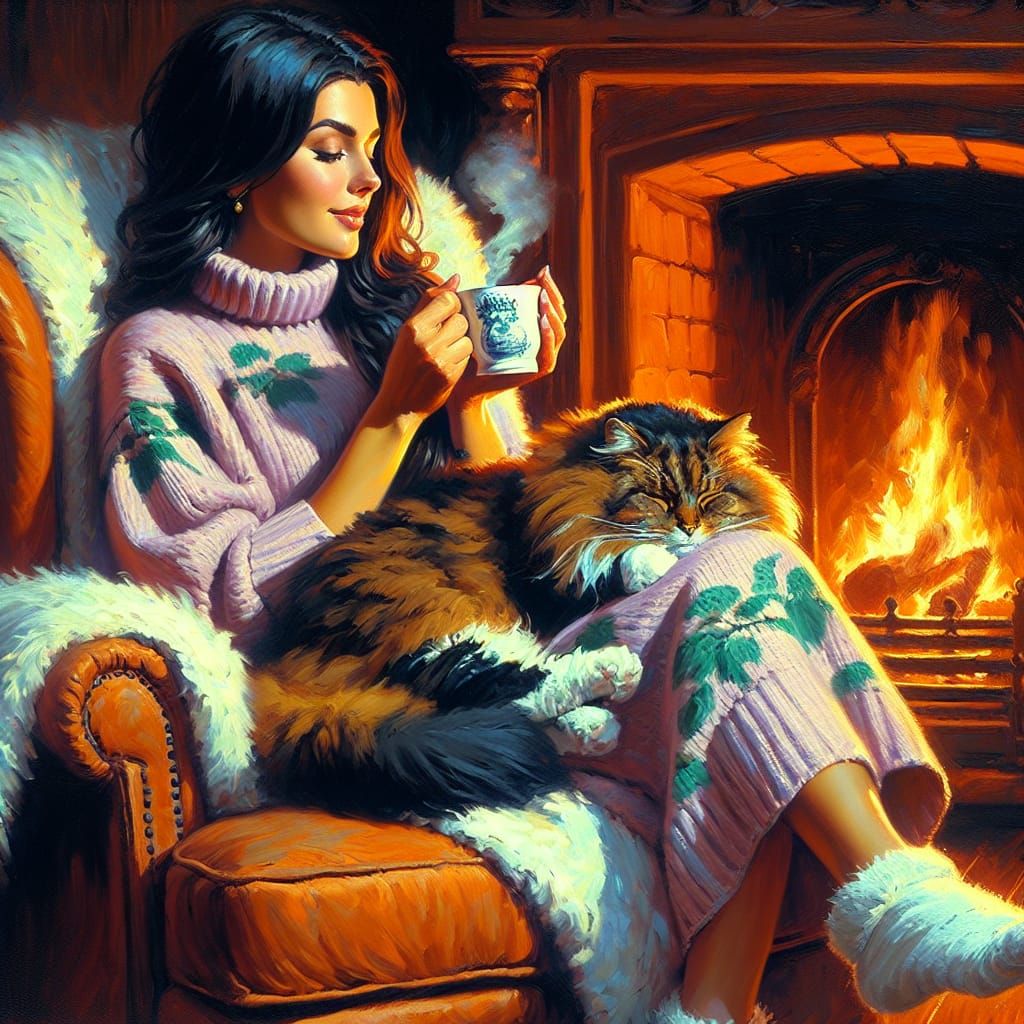 Cozy Woman with Cat by Fireplace: Romantic Oil Painting