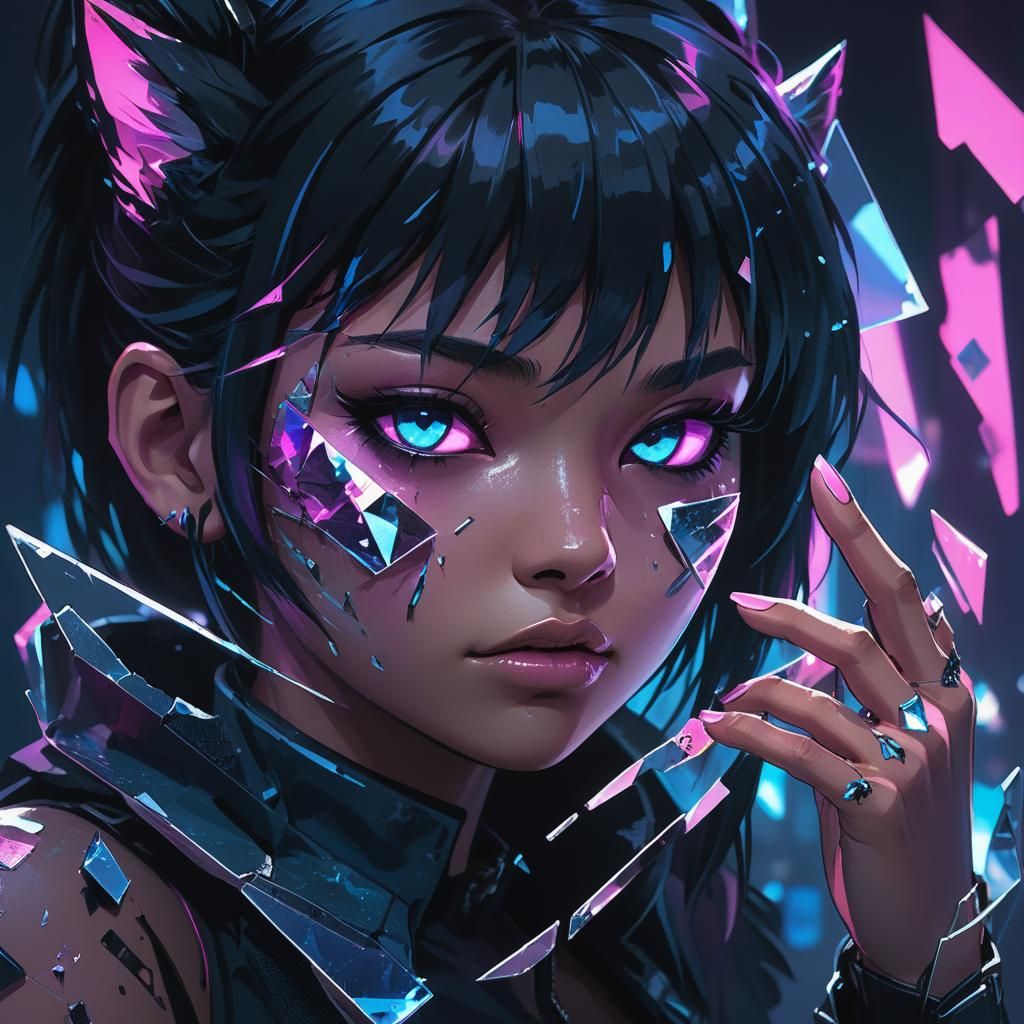 Cyberpunk Neko Girl with Shattered Mirror Reflection