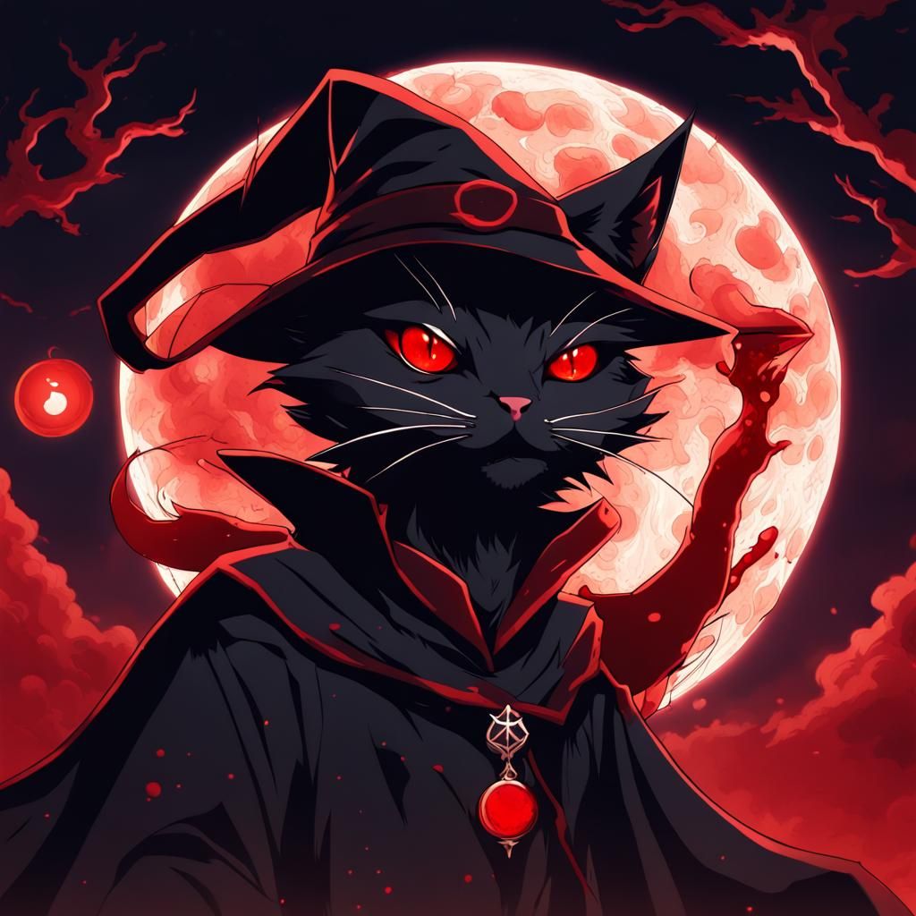 Black Wizard Cat Under Blood Moon in Anime Style