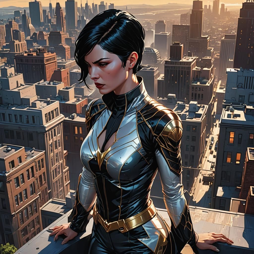 Comic Book Supervillainess Overlooking City Rooftop