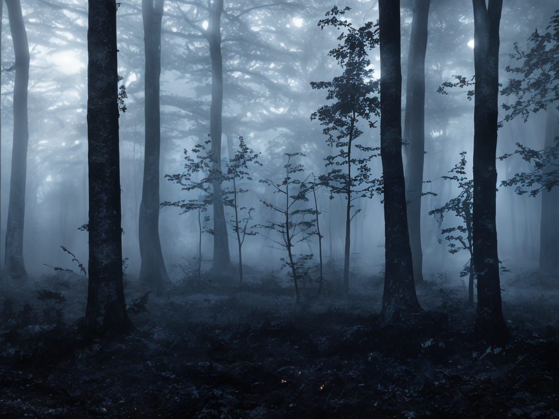 Mysterious Dark Forest at Night in Matte Style