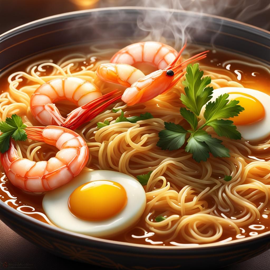 Hyperrealistic Ramen Bowl with Shrimps and Eggs