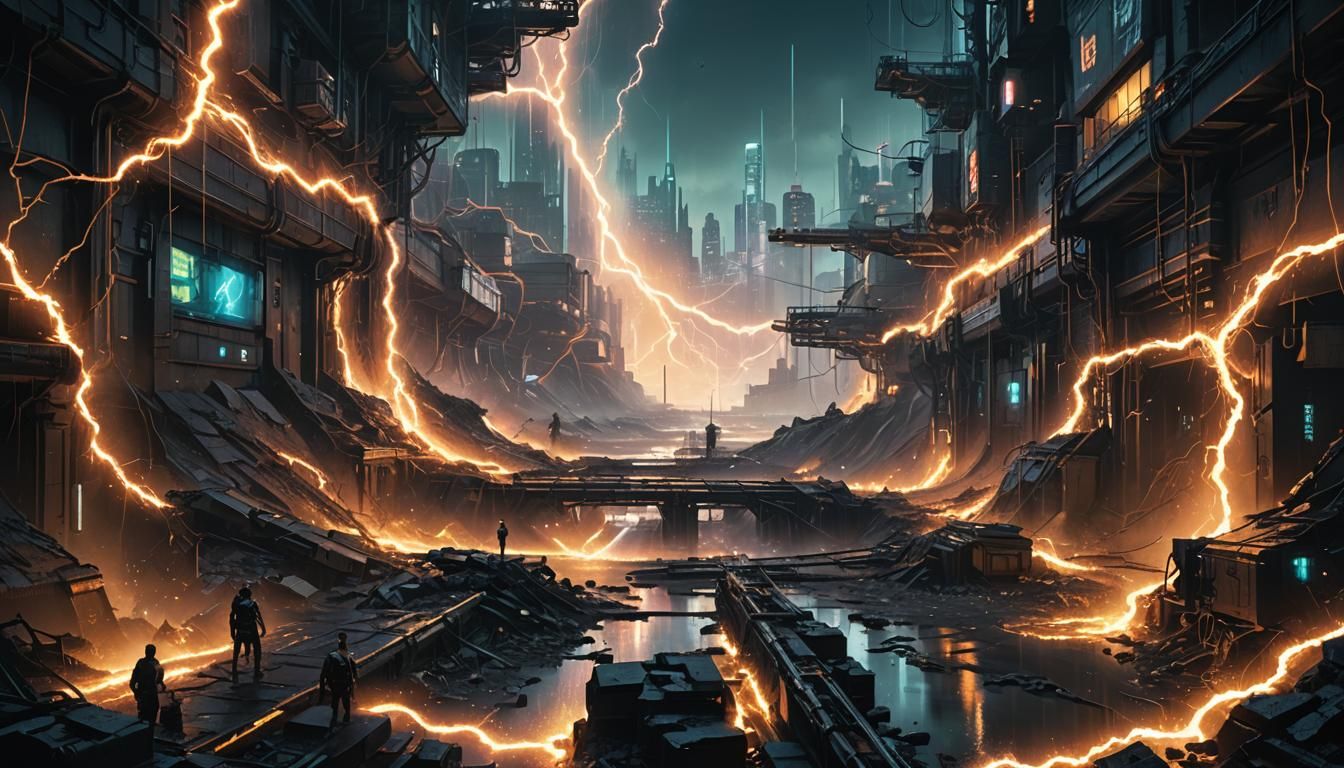 Cyberpunk Ruins with Luminous Data Streams