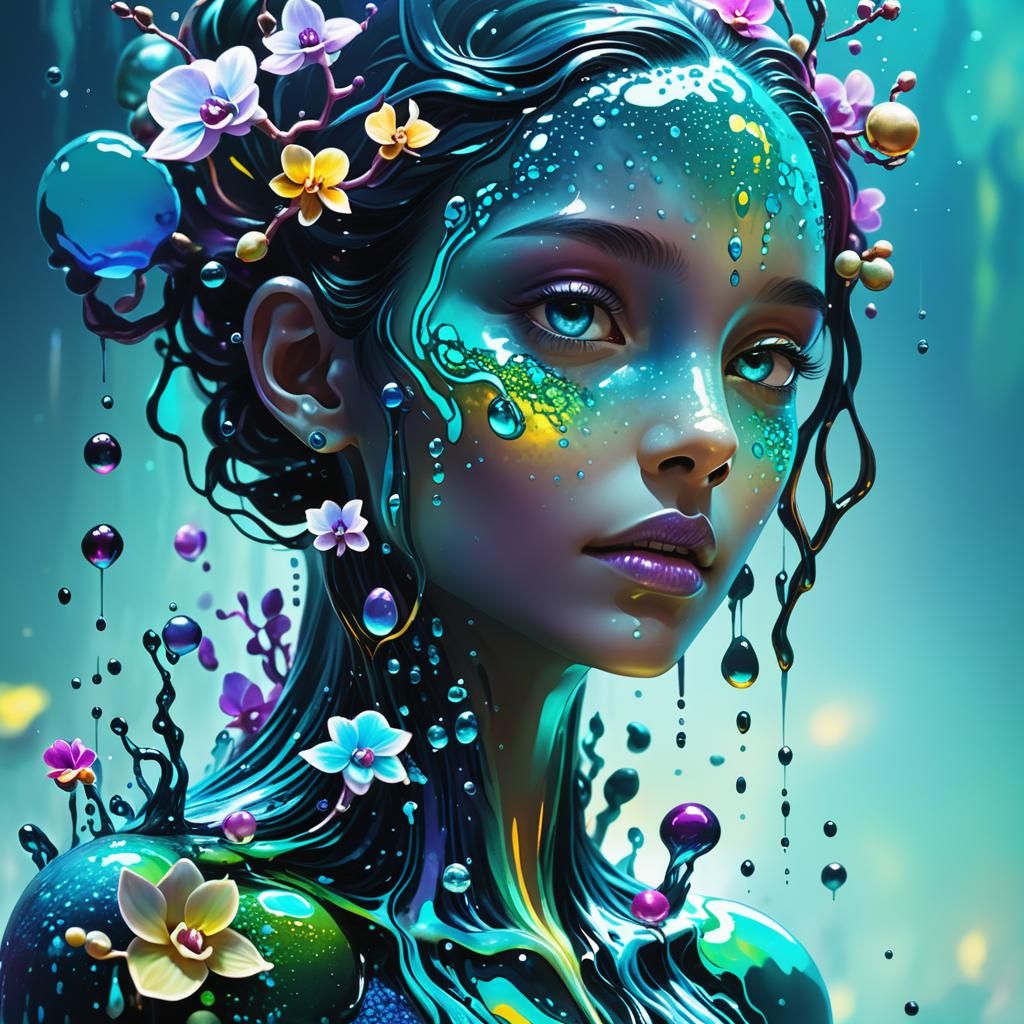 Bioluminescent Water Elementals in Neon Ink Splatter Art