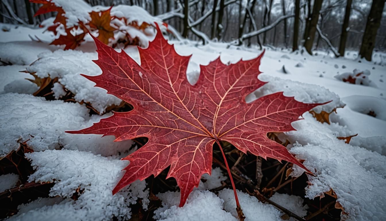 Luminous Red Maple Leaf on Snow