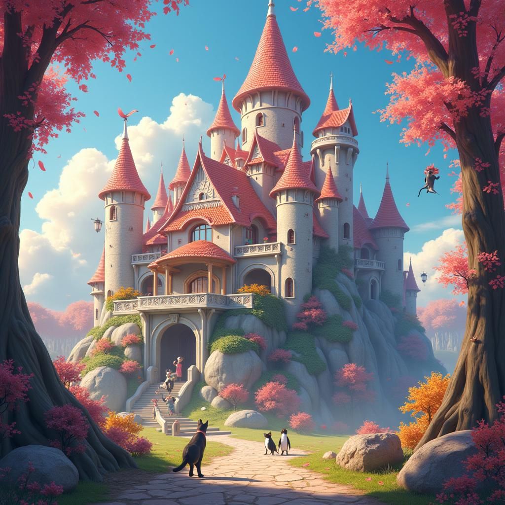 Rainbow Wind Castle with Cats, Dogs, and Penguins