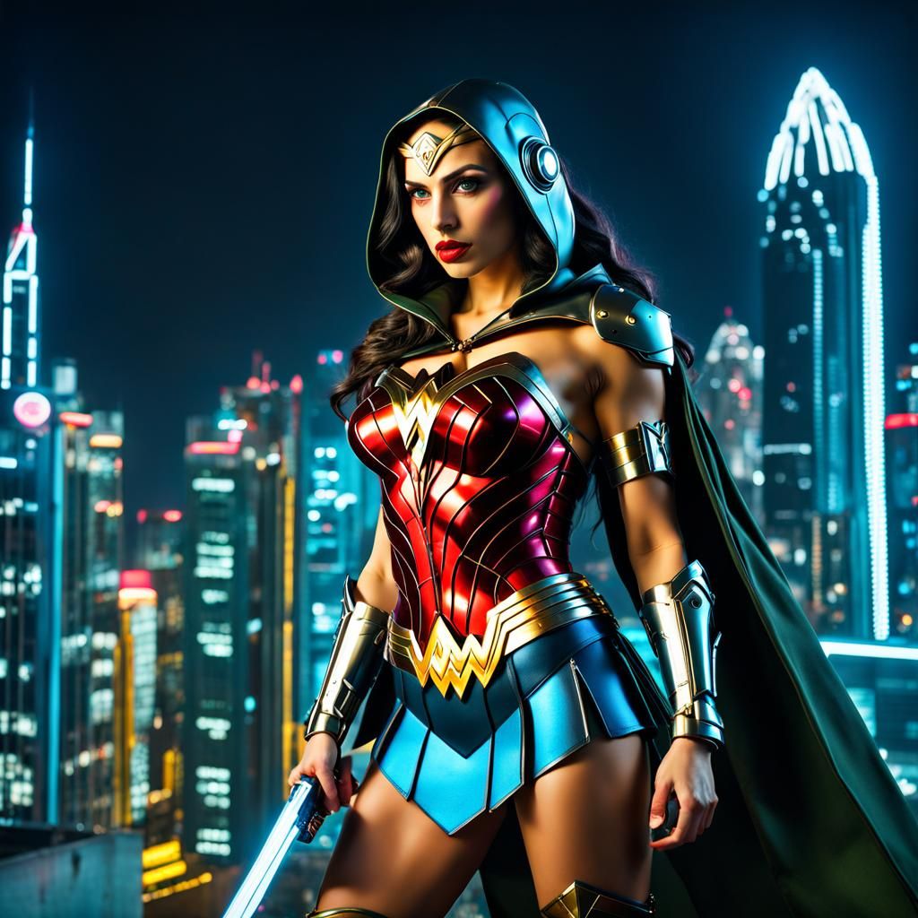 Cyberpunk Wonder Woman in Neon Cityscape