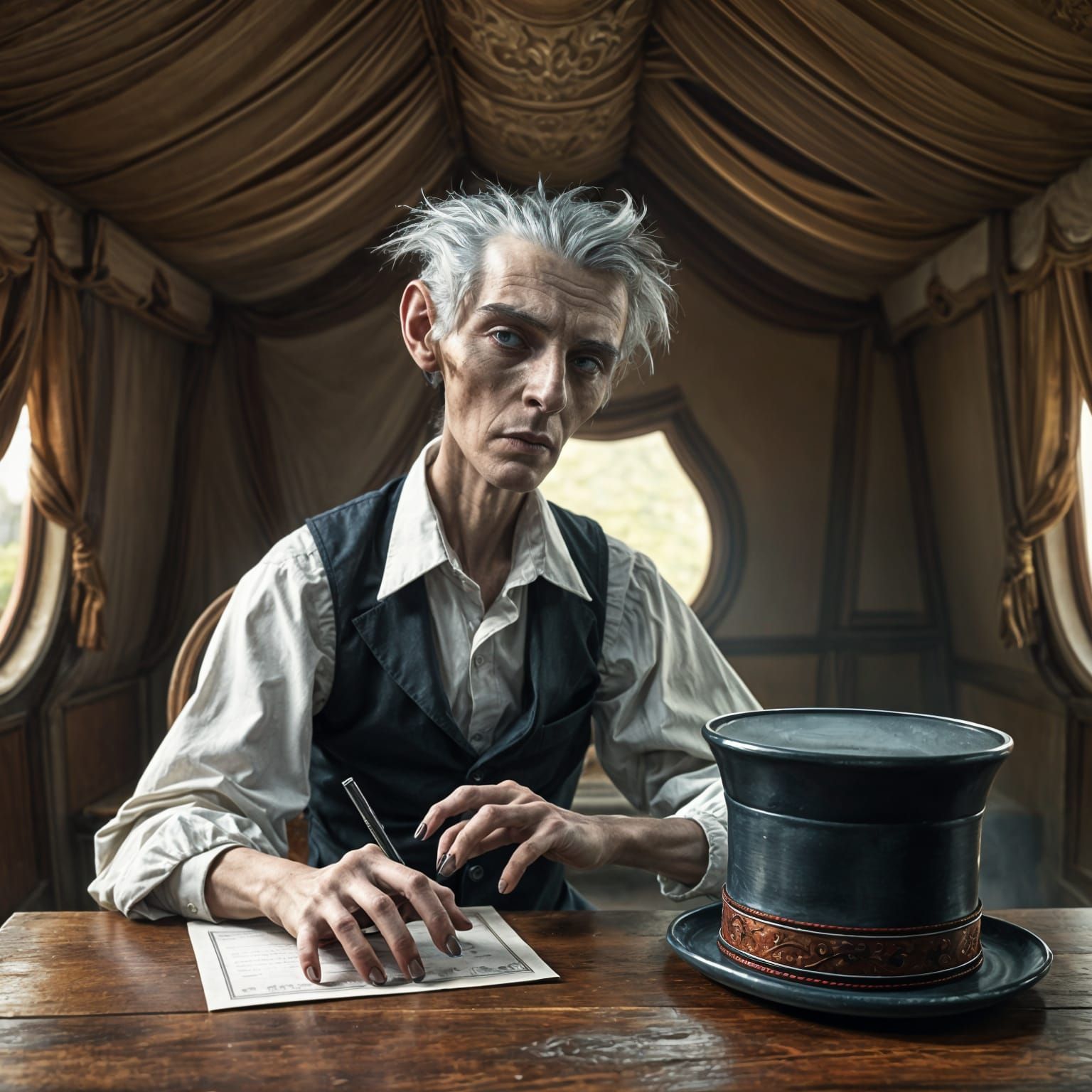 Circus Master Writing in Caravan: Detailed Matte Painting