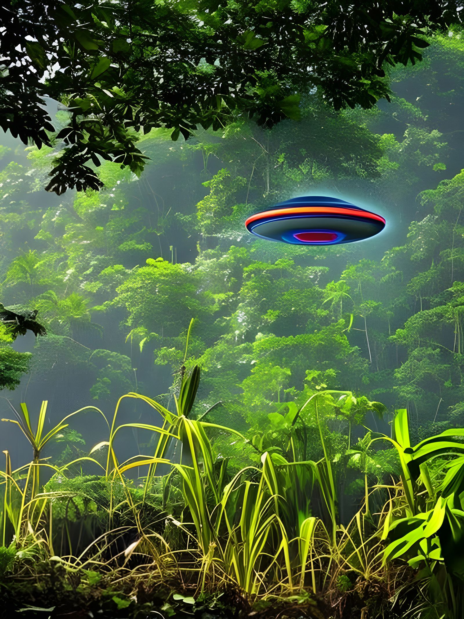 Flying Saucer in Jungle with Alien Lights