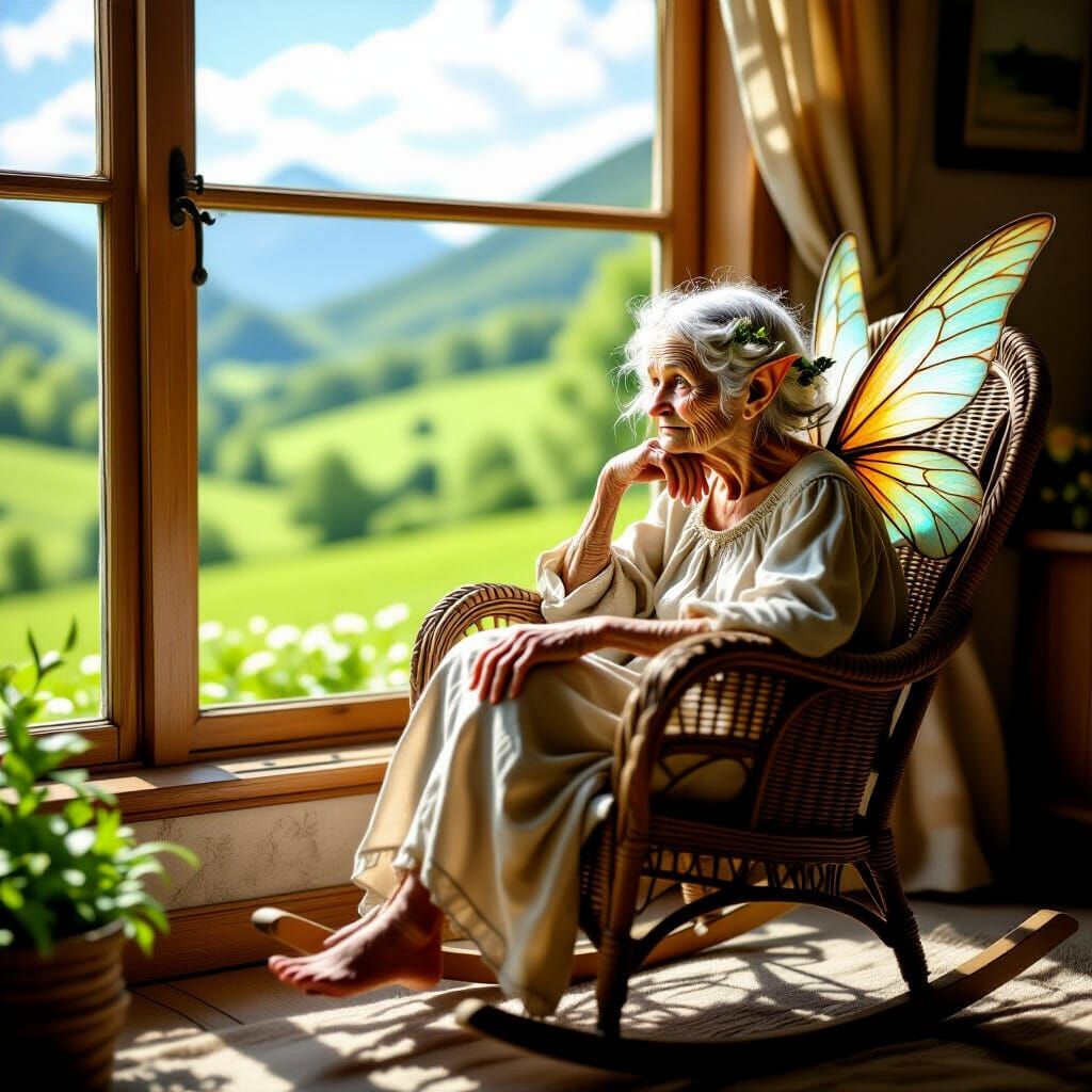 Old Fairy Contemplates Sunny Valley View