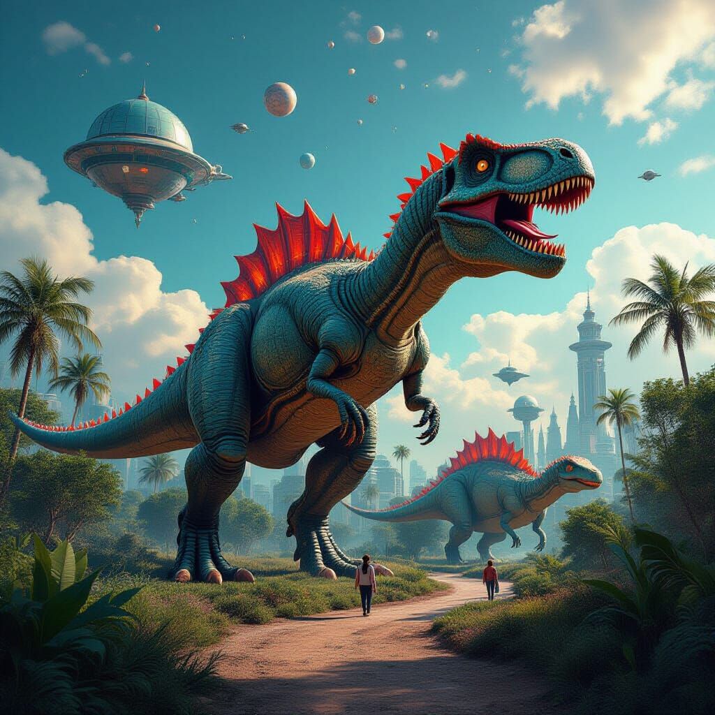 Surreal Techno-Color Dinosaurs in Steampunk Space Park