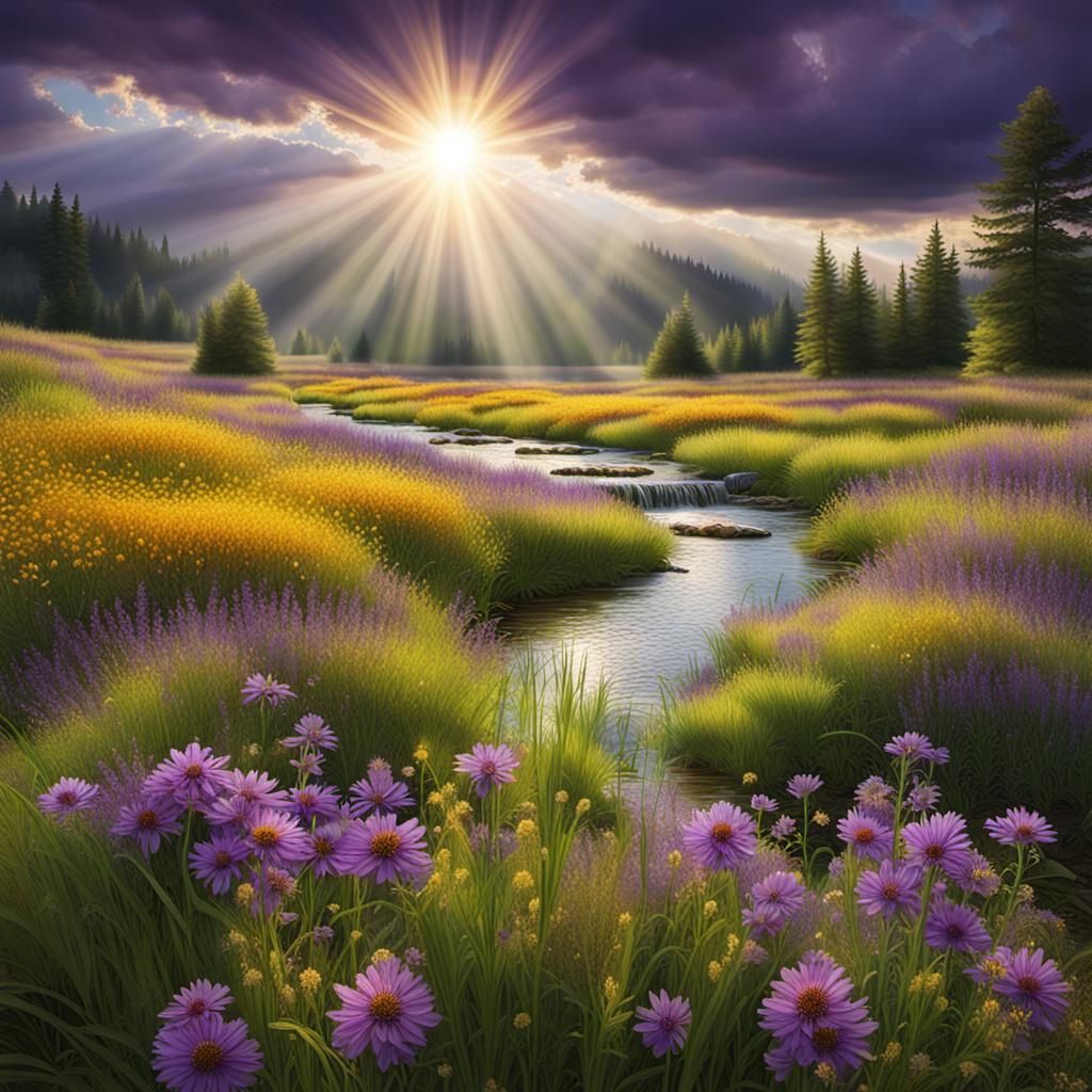 Sun Rays Through Clouds Over Flower Meadow