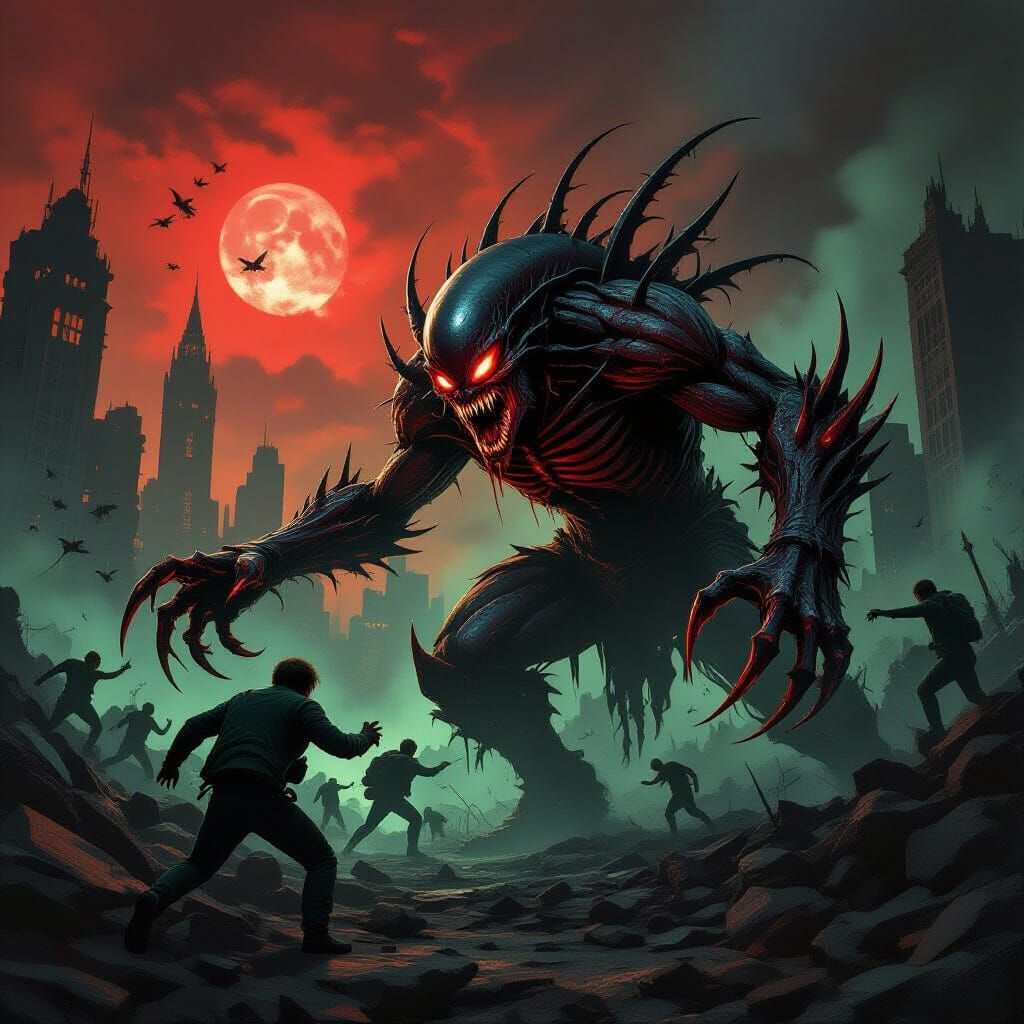 Terrifying Alien Invasion in Dark Fantasy Style