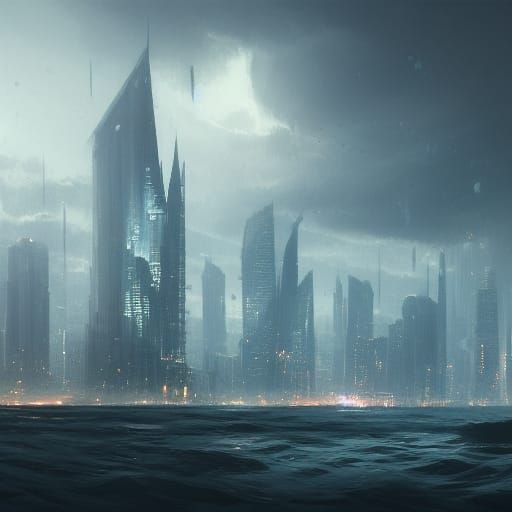 Sinister Waterfront City Skyline in Dark Fantasy Style