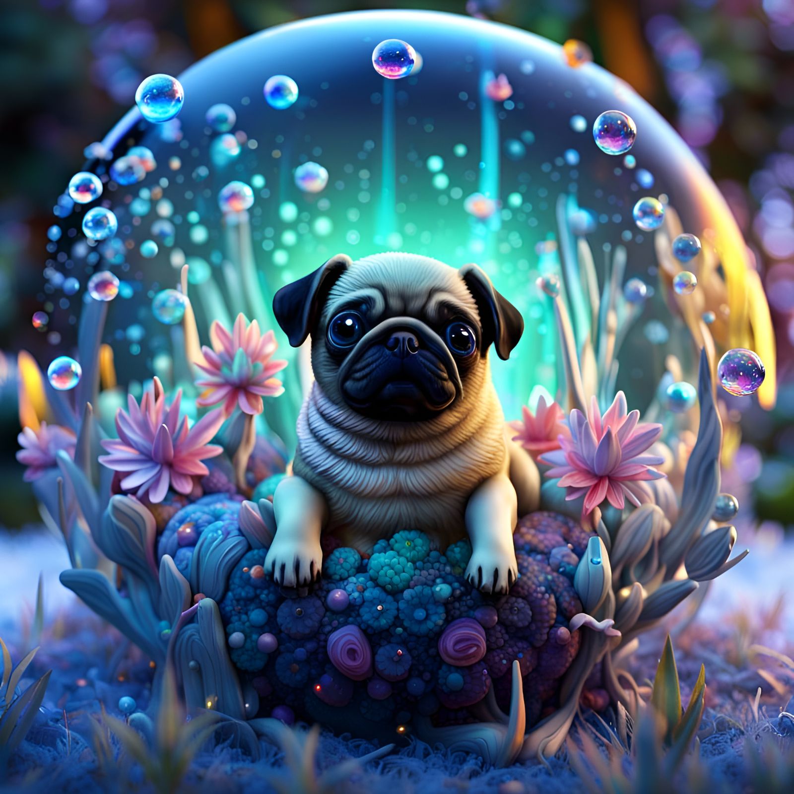 Liquid Pug Sculpture in Magical Garden